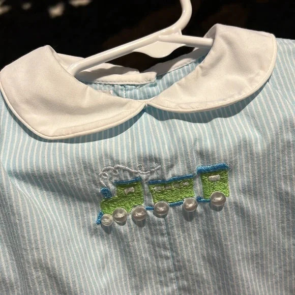 Petit ami blue and white train onesie size 3 months